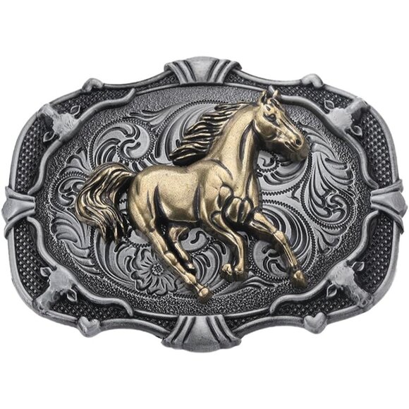 Men's Black Golden Running Horse Vintage American Western Elements Belt Buckles - Picture 1 of 6